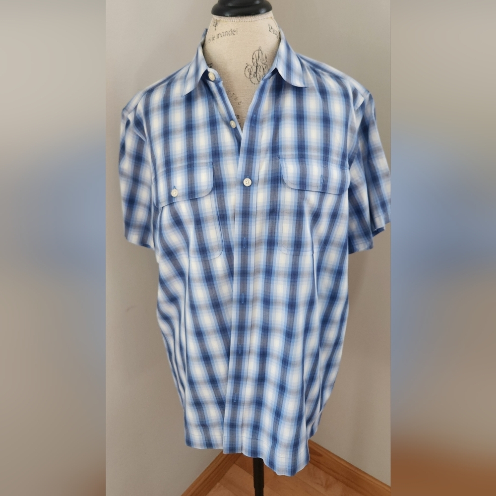 MICHAEL By Michael Kors Men's Blue Plaid Short Sleeve Shirt In SIZE L